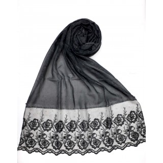 Designer Cotton Stole with flower print - Charcoal Black